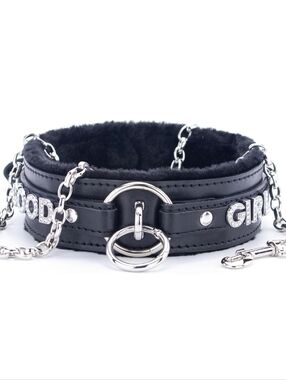 Black Faux Leather Collar with Silver Chains and 'Good Girl' Crystals